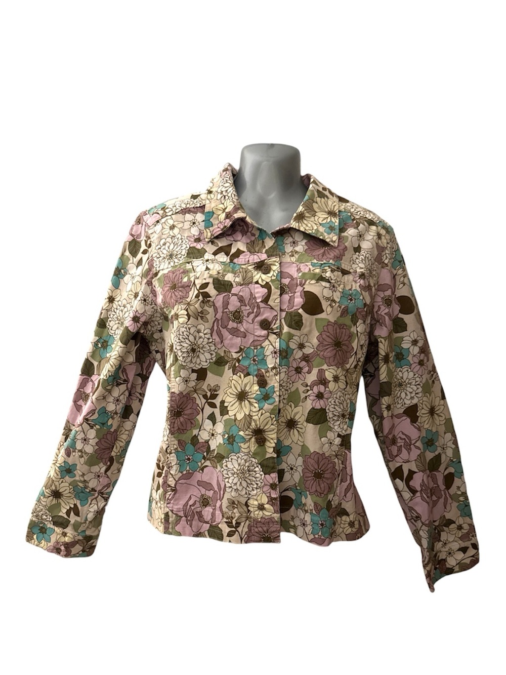 Light weight vintage Jacket in Cream, Purple & Teal Print